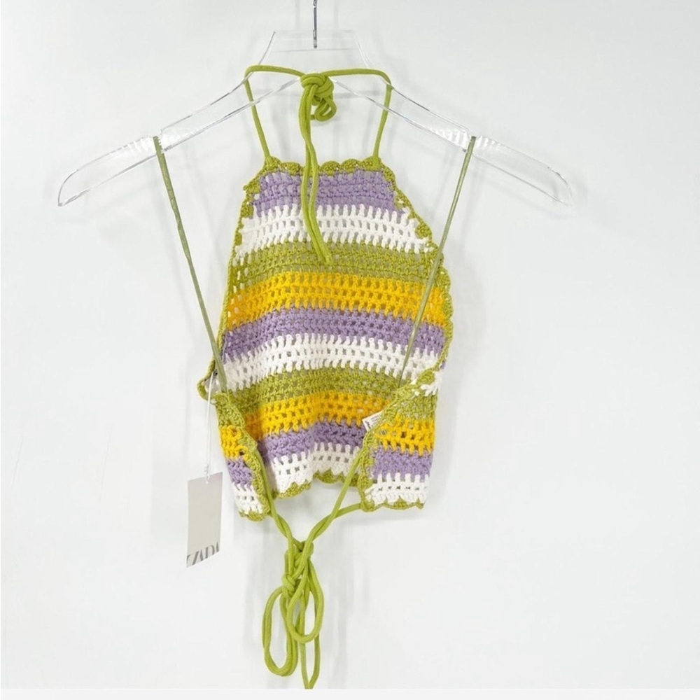 Zara Crochet Halter Crop Striped Tie Back Multi Boho Festival Top Women Small - Picture 3 of 4